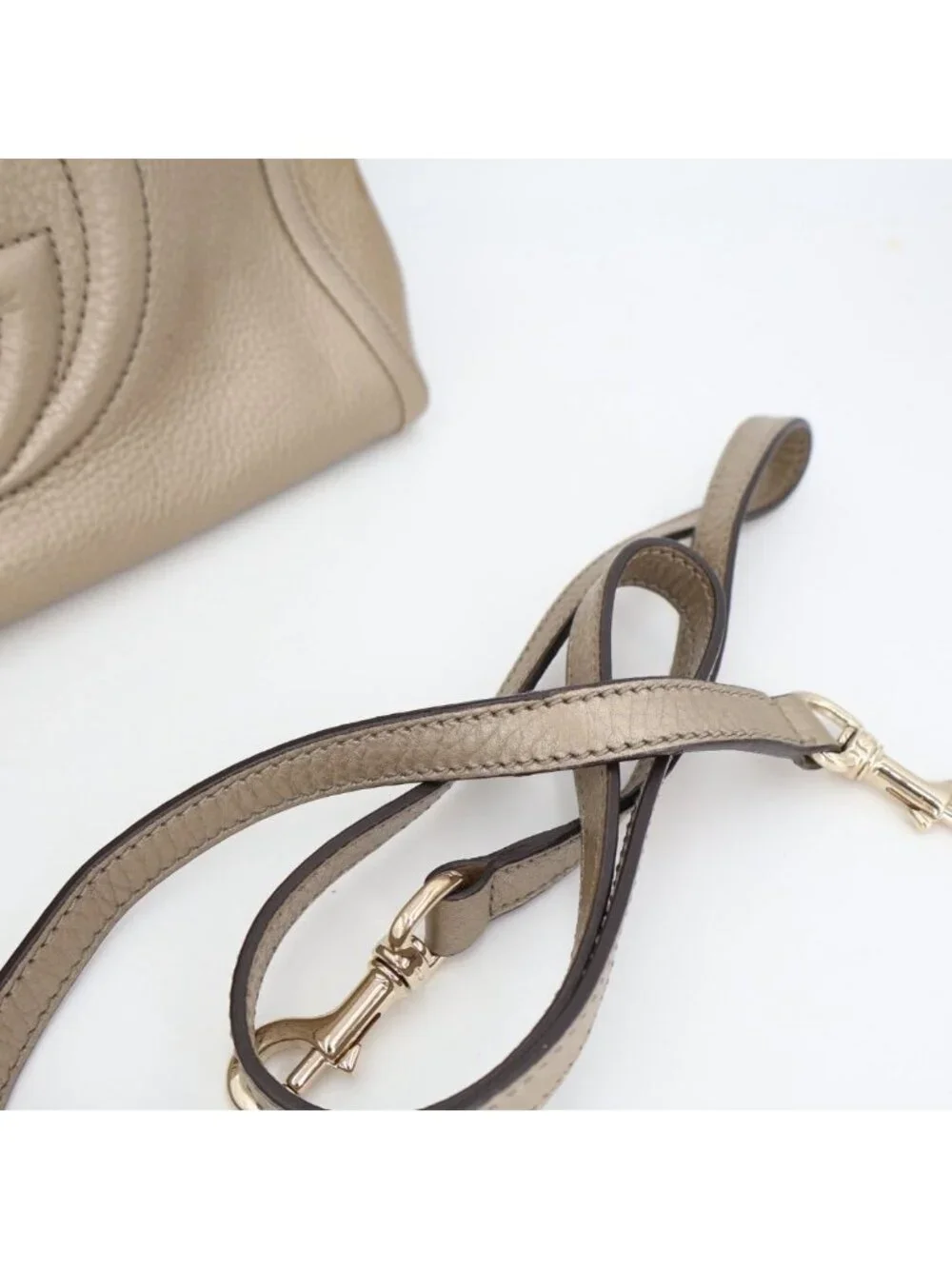 Gucci Soho Mini Shoulder Bag Gray Calf Leather Tassel Charm Interlocking 2-Way